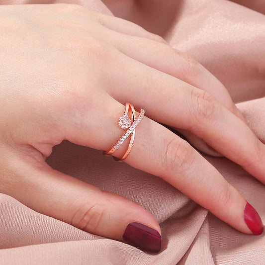 Adjustable Open Zircon Cross Flower Ring Copper Plated