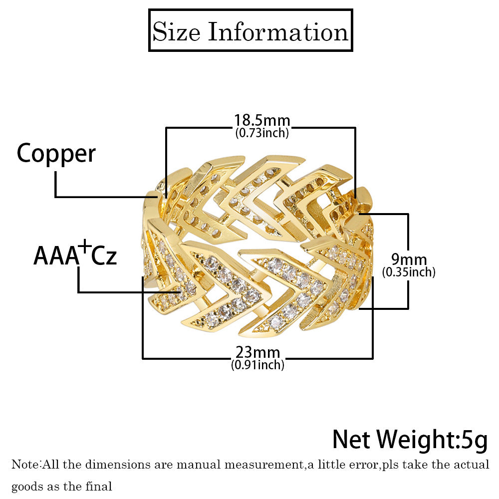 Unisex V Shaped Arrow Ring Geometric Copper Ring With Zircon Trendy Fashion Statement Retro Jewelry For All In