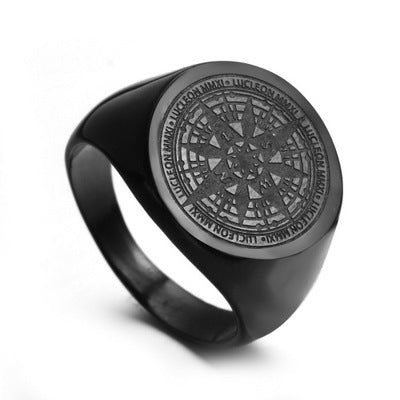 Men's Vintage Compass Ring Stainless Steel Band with Retro Design Titanium Steel Statement Ring for Him Mystery Compass Inlay