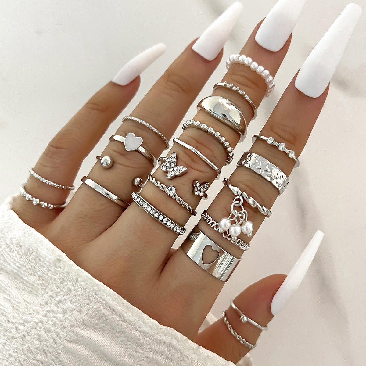 Womens Knuckle Rings Set 23 Pcs Trendy Ins Style Drop Shape Rings Cross Pearl Sun Moon Eye Gold Silver Alloy Female