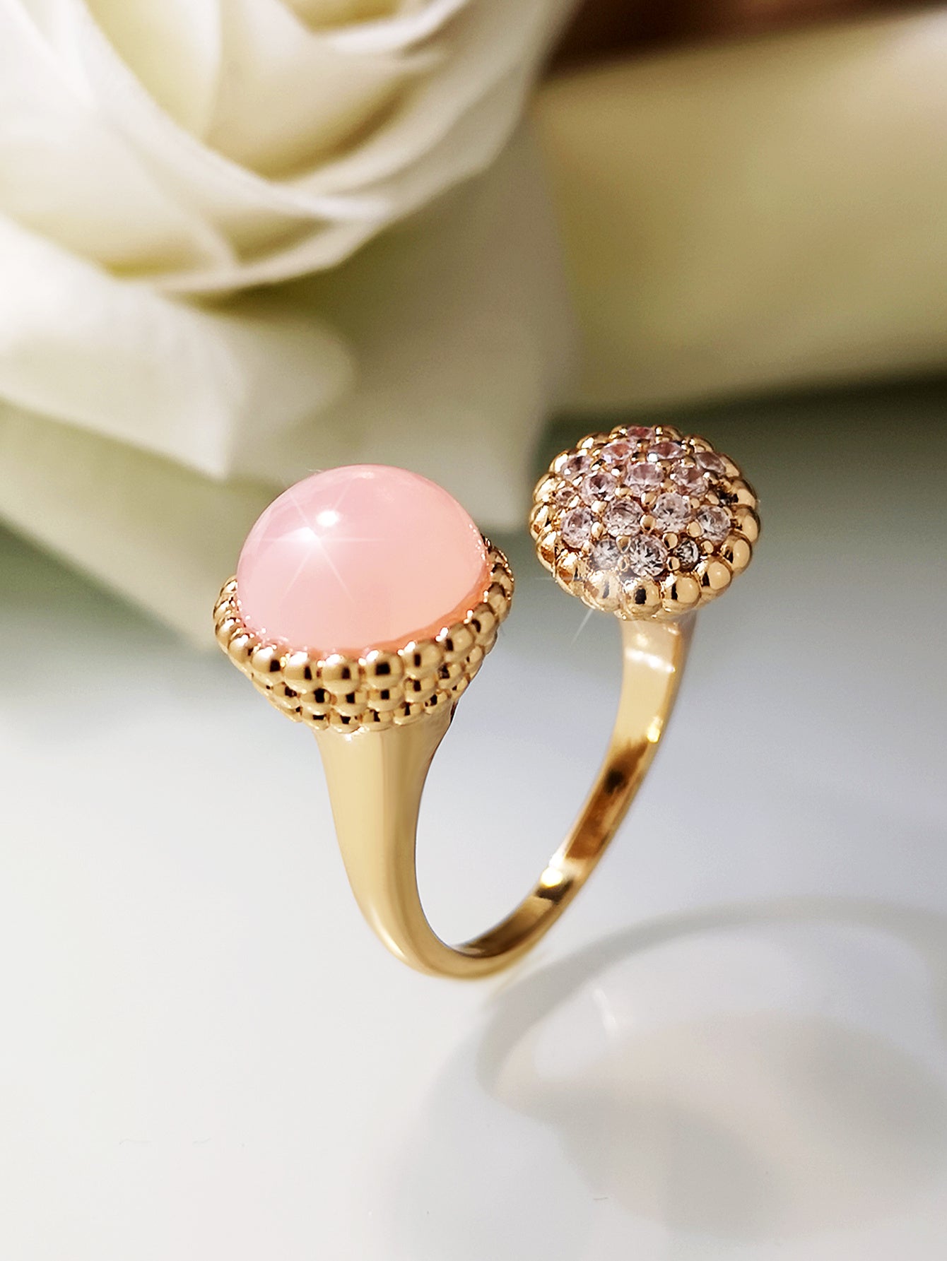 Rose Gold Geometric Ring Copper Zircon Accents Glass