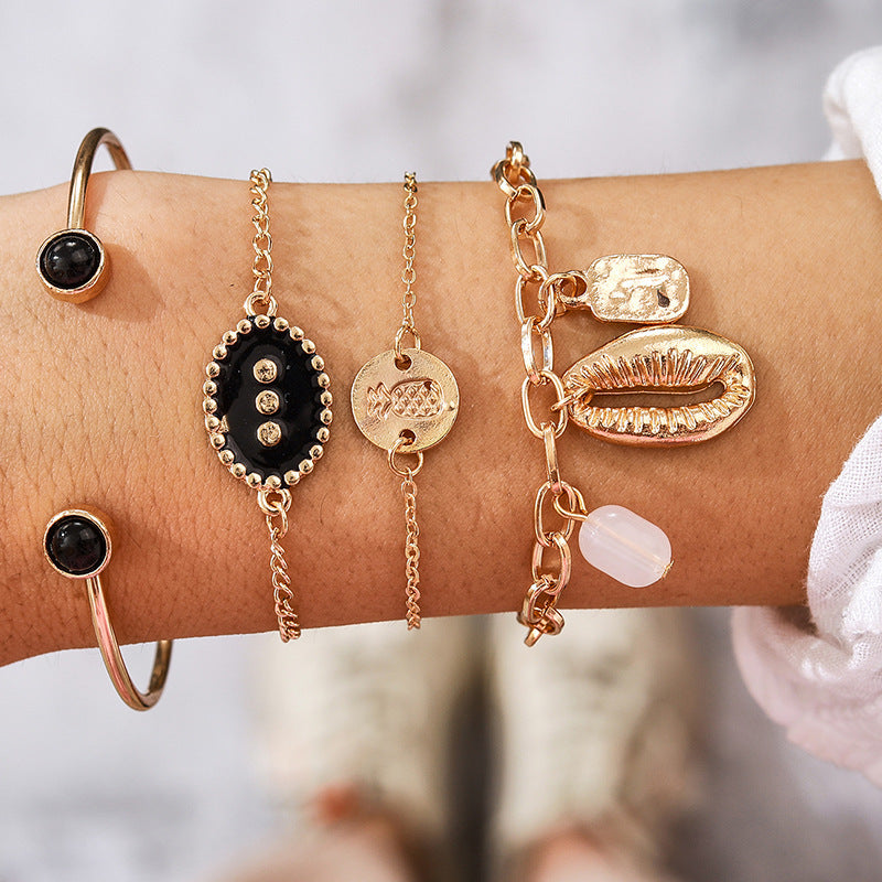 Unisex Geometric Alloy Bracelet Set With Ethnic Rice Beads Electroplated Finish Four Pieces Jewelry Collection