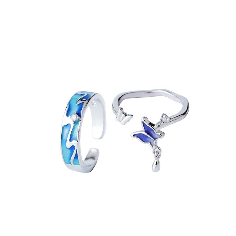 Adjustable Butterfly Couple Rings For Women And Men Epoxy Copper Jewelry With White Gold Gemstone For Fashion Lovers