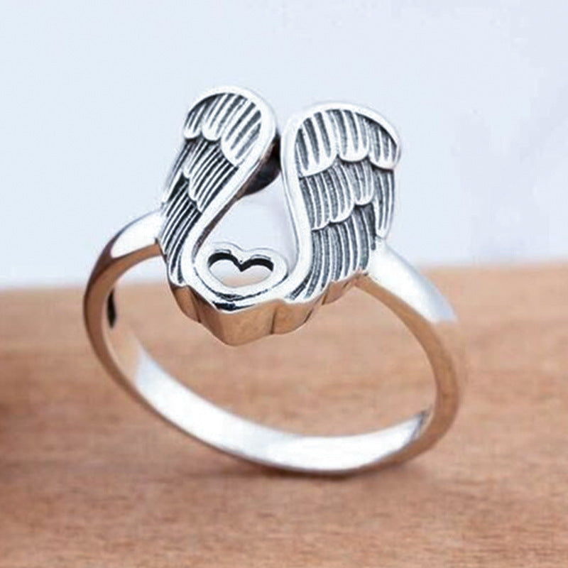 Womens Angel Wings Ring Vintage Geometric Alloy Silver Electroplated Finish Individually Packaged Gifts For Her