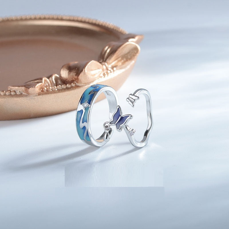 Adjustable Butterfly Couple Rings For Women And Men Epoxy Copper Jewelry With White Gold Gemstone For Fashion Lovers