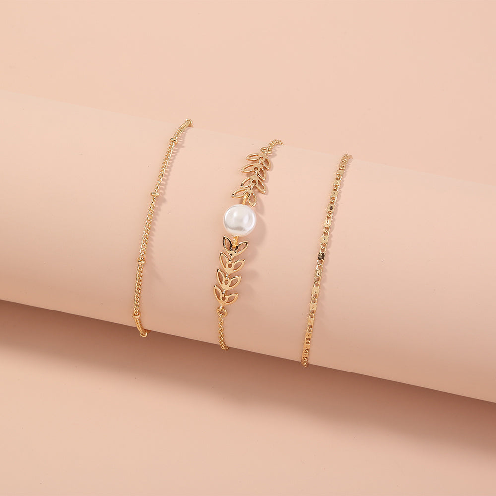 Womens Pearl Bracelet Set Three Piece Multi Layer Electroplated Bangle Zinc Alloy Copper Jewelry Europe Styles