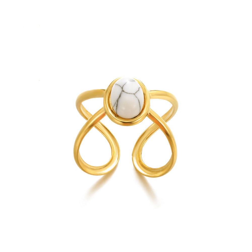 Stainless Steel Ring Turquoise Inlay Geometric Grid Design Electroplated Finish Unisex For Men And Women Trendy