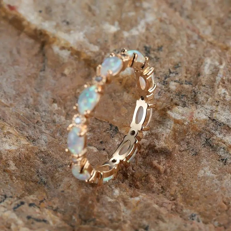 Gold Plated Oval Opal Zircon Eternity Ring For Women Zinc Alloy Jewelry Daily Wear Elegant Accessory Style Lux