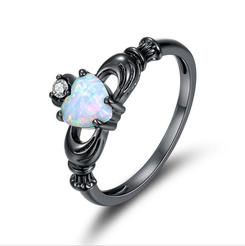Womens Heart Ring Electroplated Alloy With Opal Stone Accent Crown Ring Gift For Her Black Holiday Gift For Her