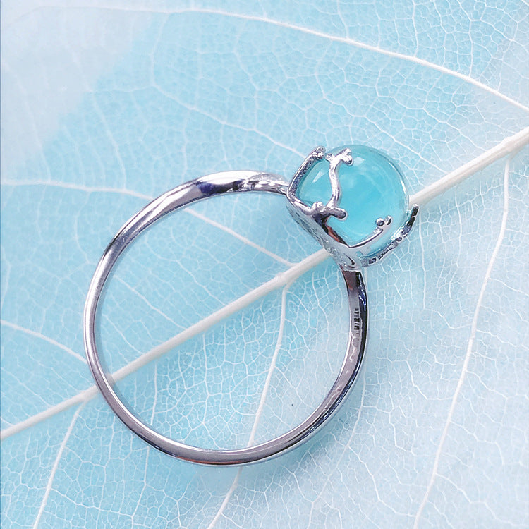 Womens 925 Sterling Silver Ring With Blue Crystal Mermaid Tail Open Adjustable Wedding Band Sparkle Finish Set