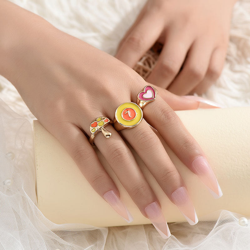 Womens Ring Set 3 Alloy Rings With Love Heart And Flower Design Mushroom And Butterfly Accents Fashion Jewelry
