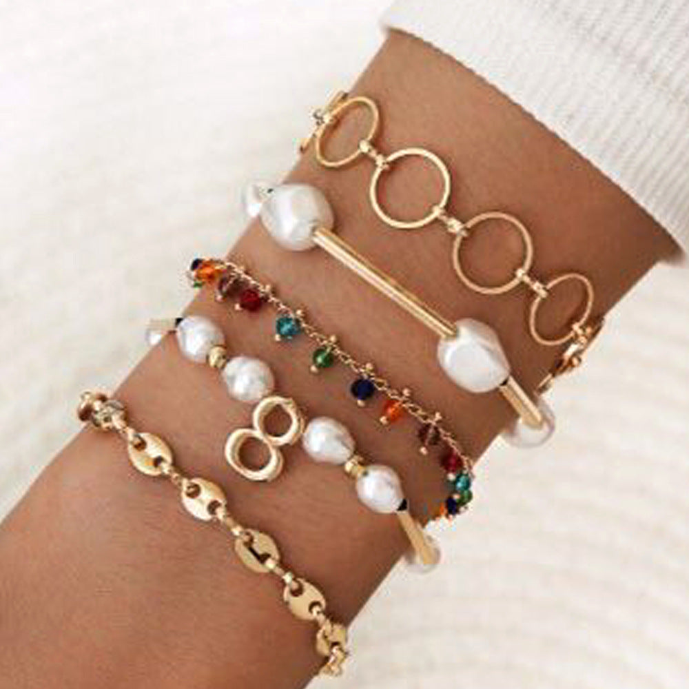 Bracelet Set 4 Piece Embossed Portrait Imitation Pearl Lock Design Punk Street Alloy Couple Bracelets Electroplating