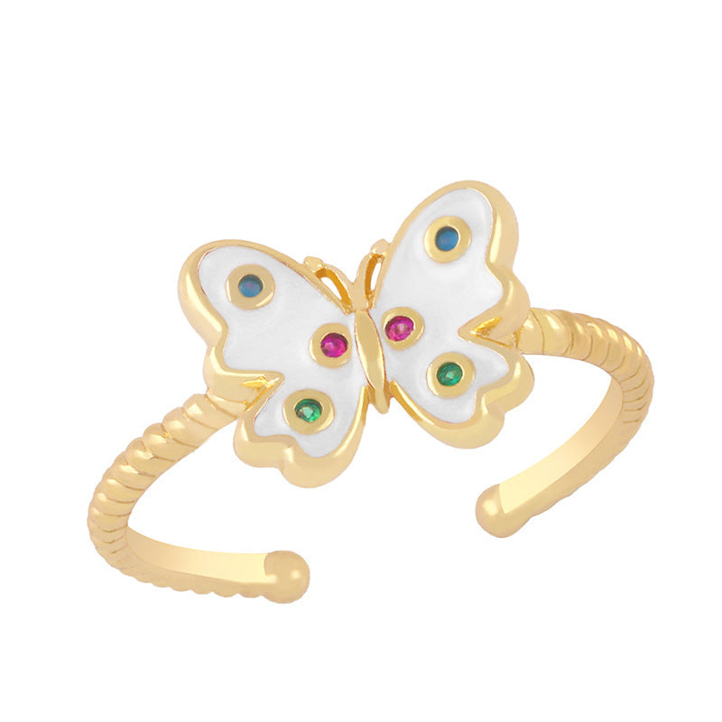 Butterfly Ring Copper Adjustable Open Band White Gemstone Inlaid Gold Plated Jewelry Women Fashion Ring Index Finger