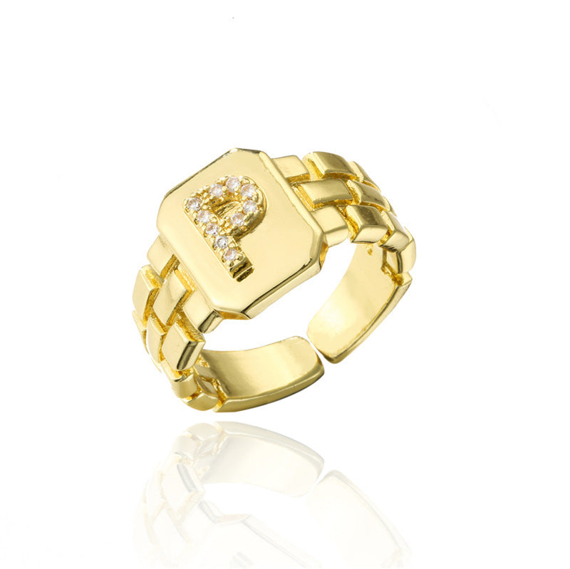 Womens Adjustable Letter Ring 18K Gold Plated Zircon Initial Alphabet Ring Jewelry For Her Elegant Everyday Accessory