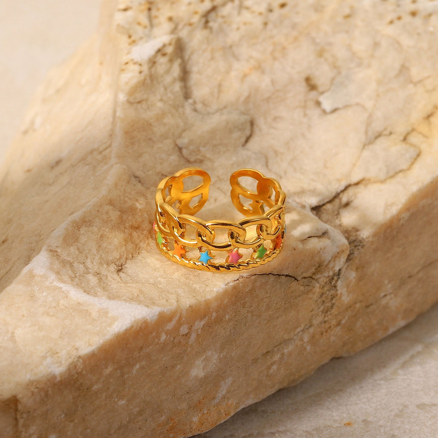 Womens Ring Drip Oil Star Cuban Chain Stainless Steel Adjustable Geometric Fashion Jewelry Trendy Durable Elegant