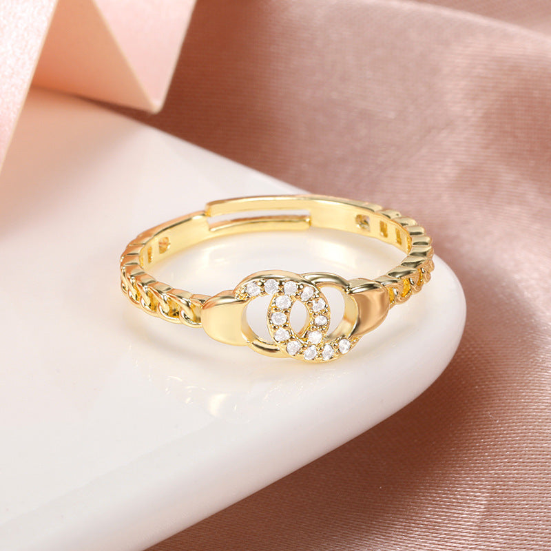 Gold Brass Adjustable Zircon Double Circle Ring For Women