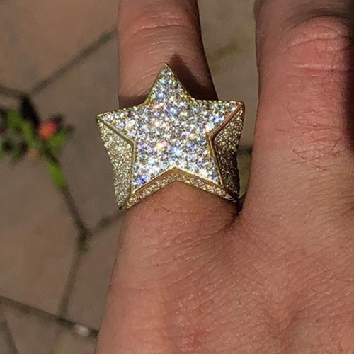 Mens Hip Hop Ring With Full Simulated Diamond Inlaid Five Point Star Alloy Jewelry Bling Accessory Trendy Design
