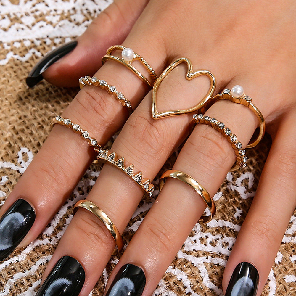 Womens Pearl Ring Set 9 Piece Fashion Alloy Rings With Heart Shaped Design European American Jewelry Set Rings