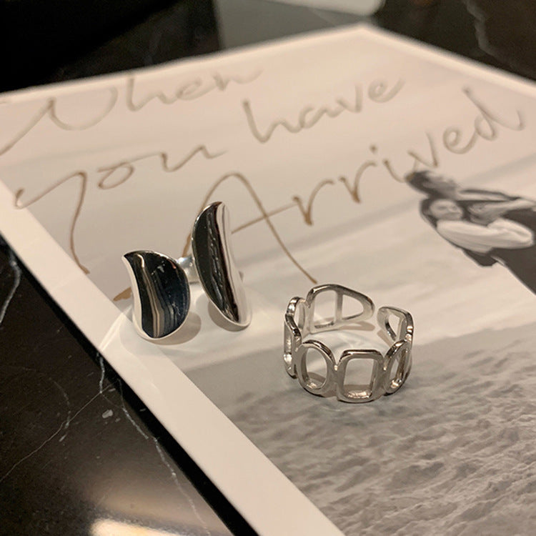 Womens 925 Sterling Silver Rings Geometric Hollow Wide Band Polished Finish Electroplating Fashion Index Finger