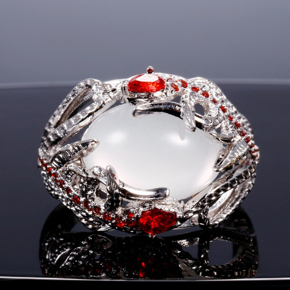 Moonstone Ring Vintage Wide Face Court Style Patterned Copper Electroplated Elegant Statement Jewelry Pure Glow