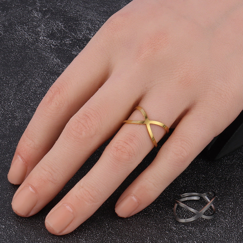 Womens Adjustable Stainless Steel Cross Ring Geometric Line Design Jewelry Gold Tone Silver Tone Statement Ring