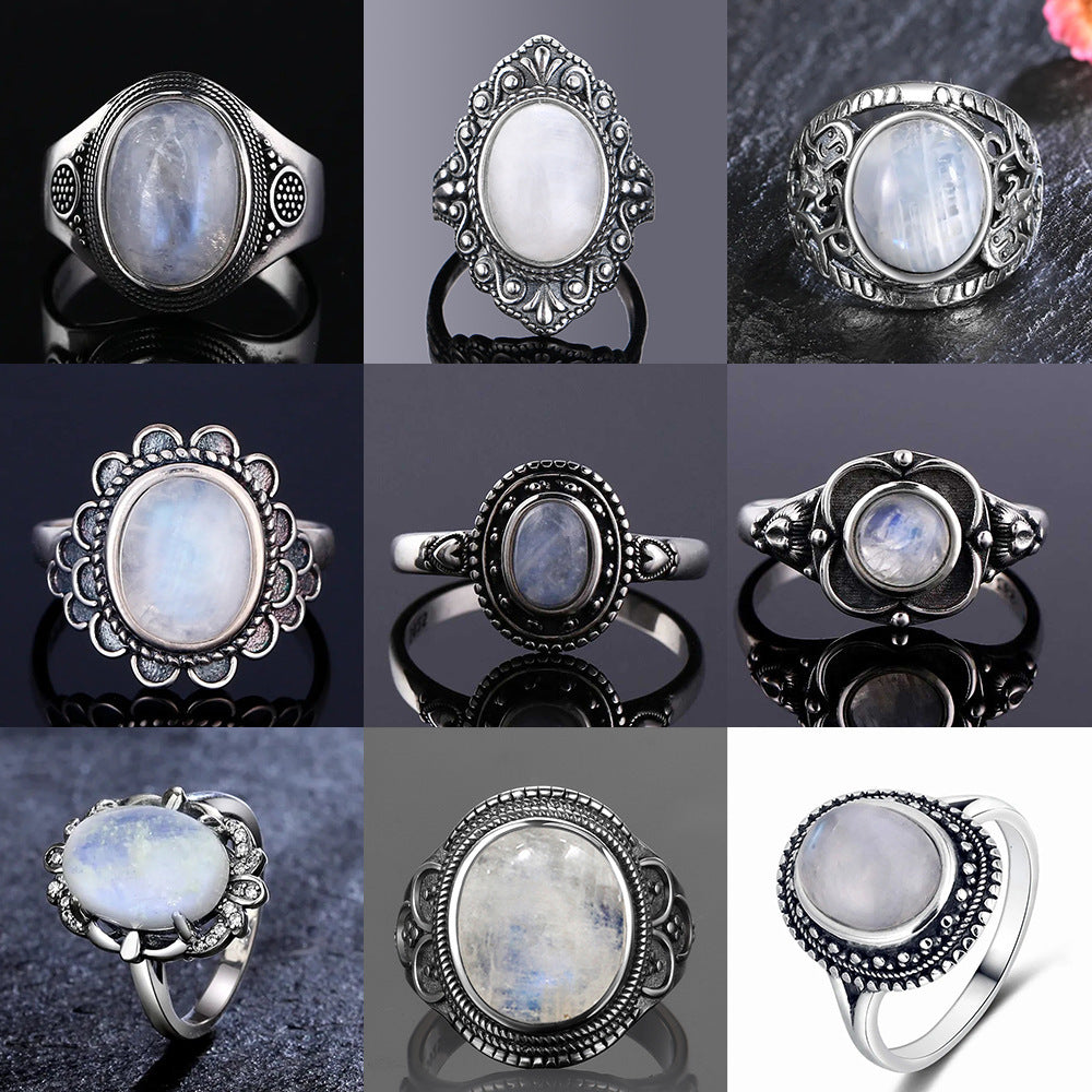 Moonstone Ring Vintage Wide Face Court Style Patterned Copper Electroplated Elegant Statement Jewelry Pure Glow