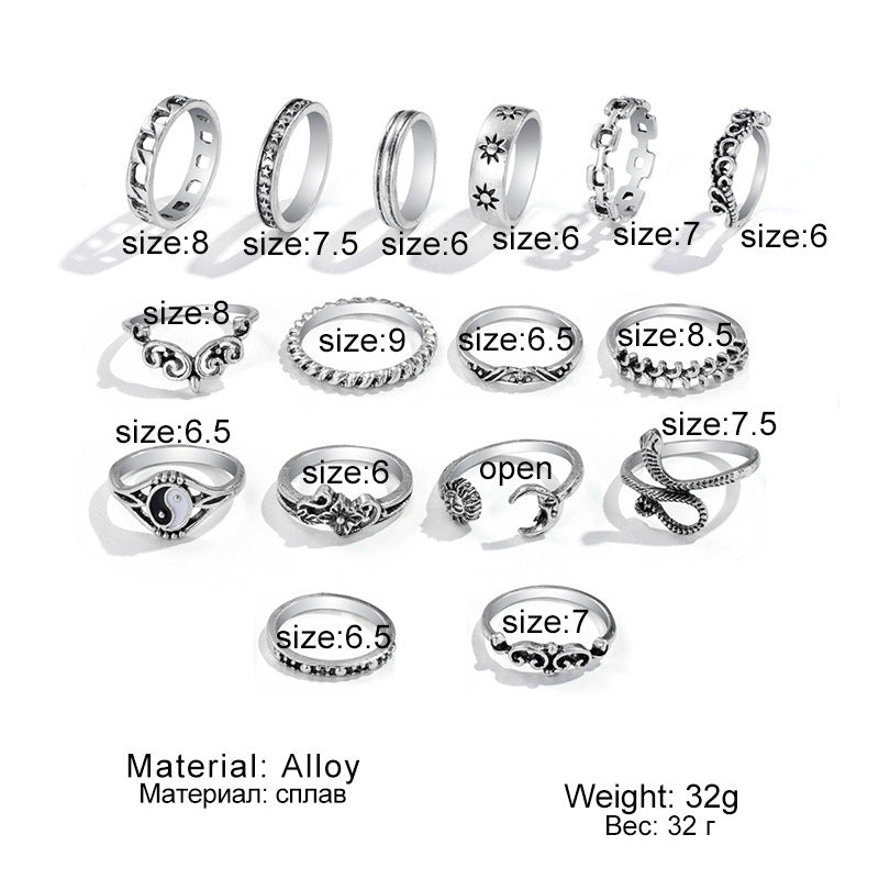 Women Ring Set 16 Piece Alloy Ring With Elephant Embossed Design Retro Trendy Hollow Snake Taichi Moon Knuckle