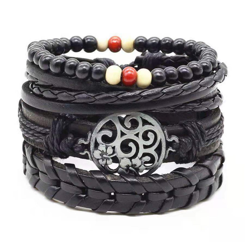 Mens Leather Braided Bracelet European Design Alloy Inlaid Gemstones Retro Geometric Accessory Woven Wristband