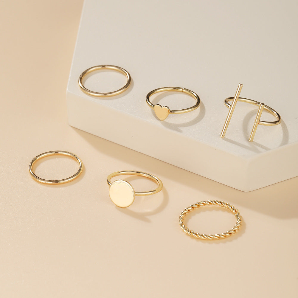 Golden Alloy Ring Set With Love Bear Rhinestones Retro Simple European American Electroplated Jewelry 6 Pieces