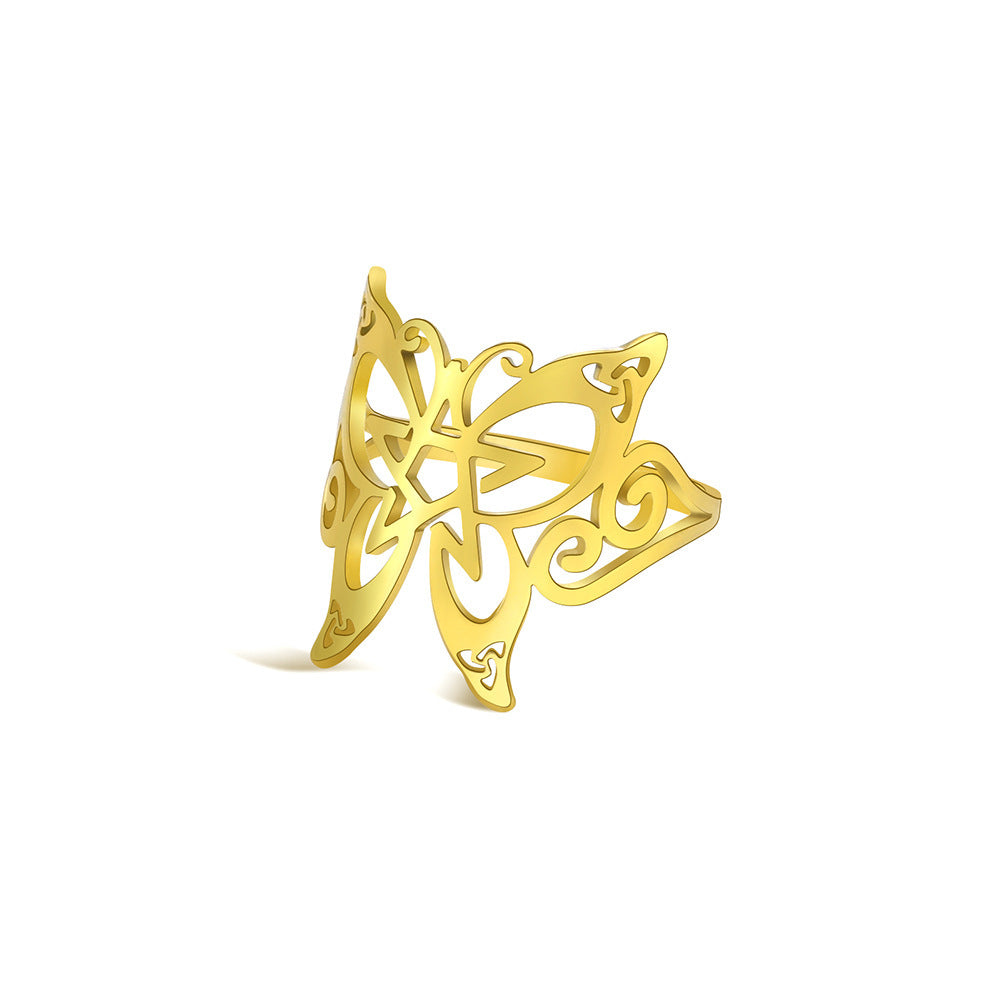 Stainless Steel Pentagram Ring With Pointed Wing Butterfly Design Fashion Jewelry Accessory Size 7 8 9 10 Gold