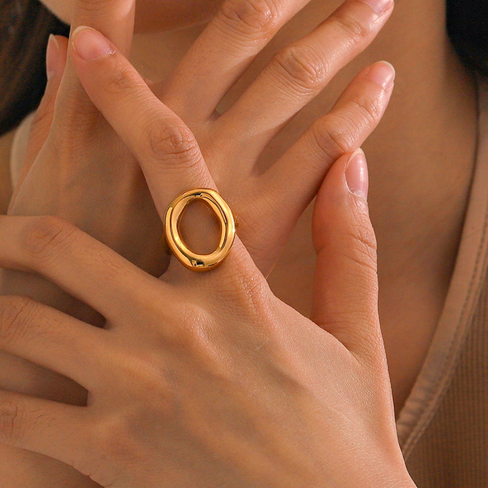 Women's Stainless Steel Ring 18K Gold Plated Oval Hollow Closed Band Trendy Wave Design Ins Fashion Jewelry Gift for Her