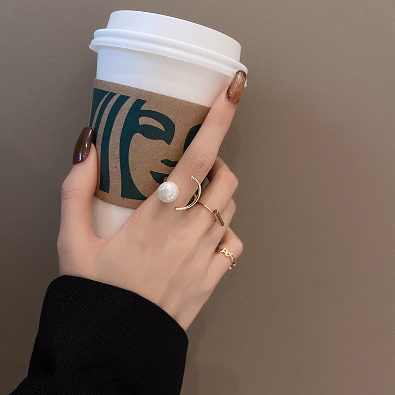 Unisex Geometric Rings Set With Artificial Pearl Inlay Electroplated Metal Fashion Three Piece One Size Pearls