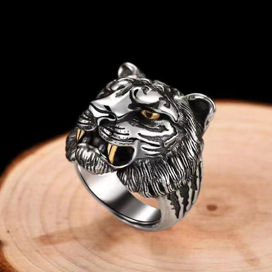 Tiger Head Ring For Men Open Mouth Ethnic Retro Style Adjustable Copper Accessory Bead Pattern Jewelry For Men