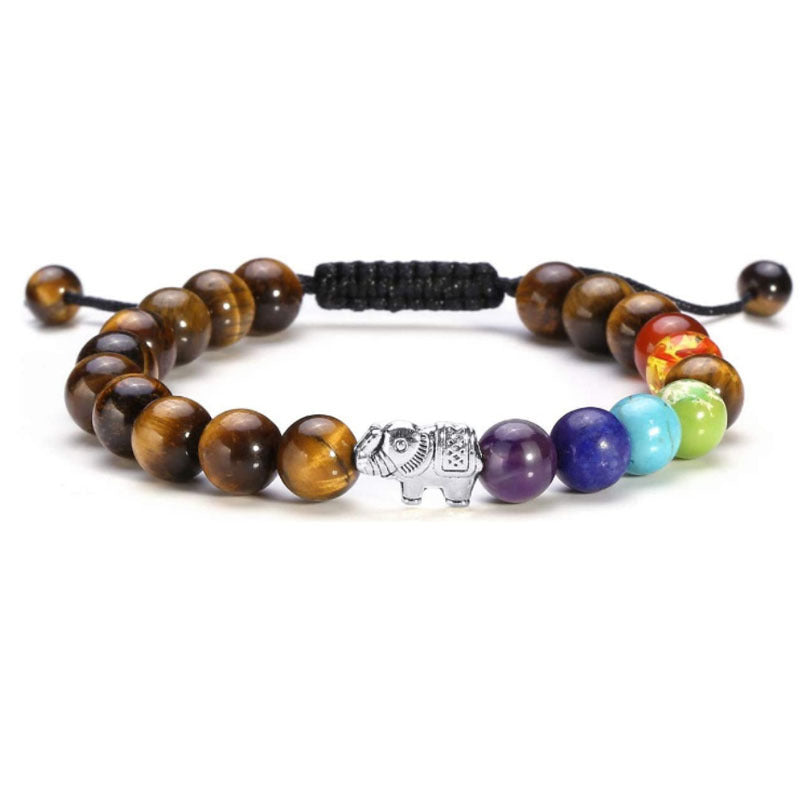 Unisex Natural Stone Bead Bracelet With Lucky Elephant Charm Lace Tassel Geometry Braided Design Alloy Jewelry