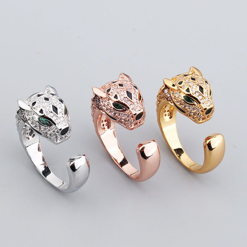 Gold Plated Leopard Head Rings for Couples Retro Adjustable Open Band with Animal DesignInnerCircumferenceSize