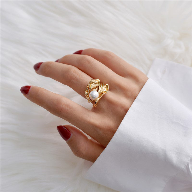 Pearl Ring With Leaves Metal Vintage Geometric Style Electroplating Processing Type Modeling Material Geometric