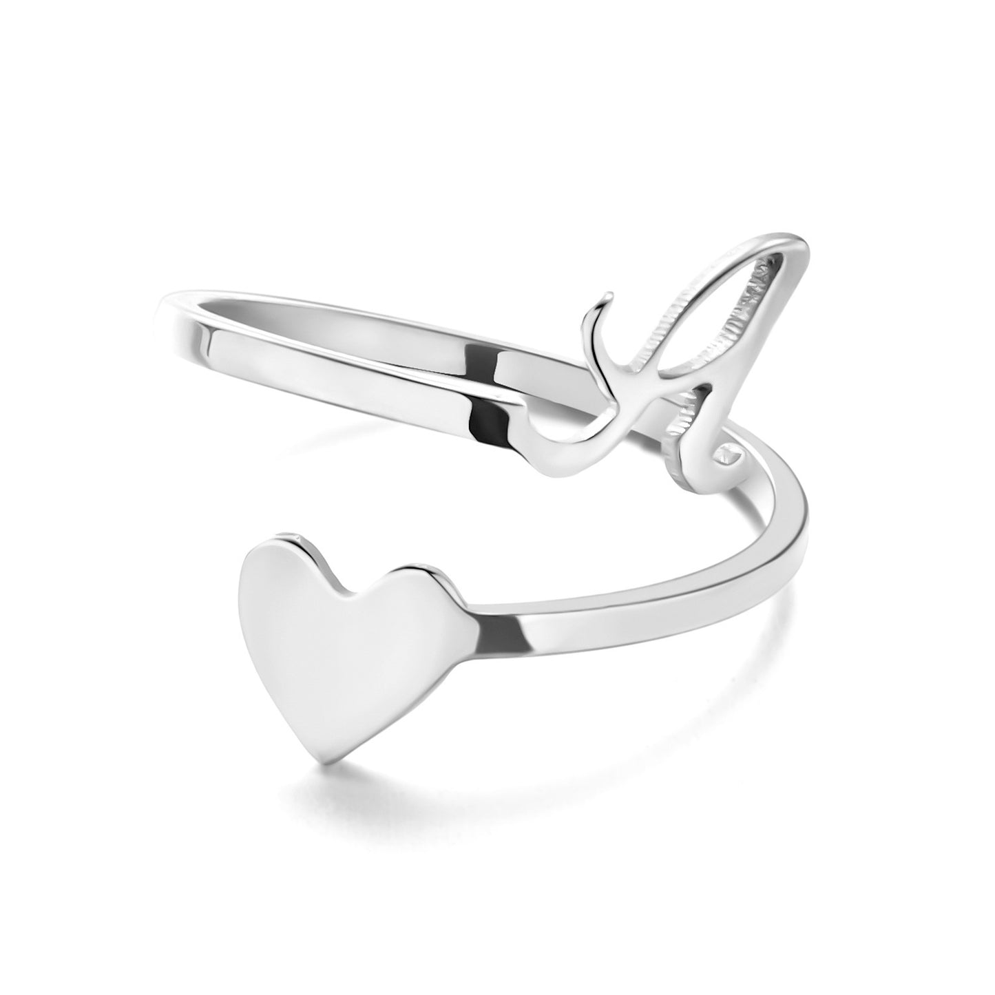 Womens Initial Letter Ring Adjustable Stainless Steel Heart Design 3D Open Heart Electroplated Fashionable Chic