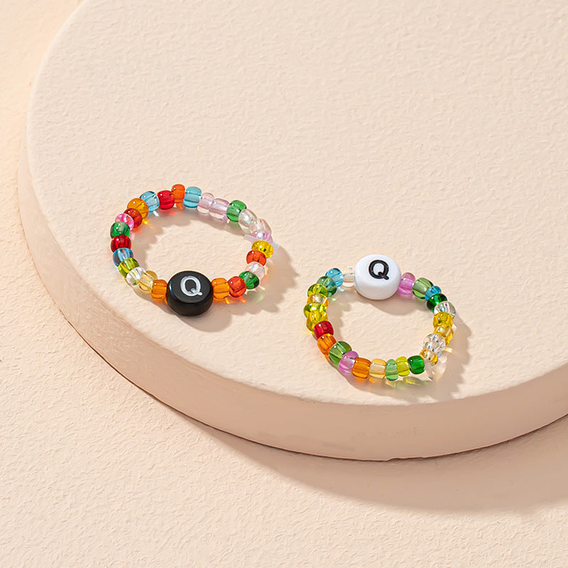 Beaded Letter Initial Ring For Ladies And Men Resin Alphabet Trendy Korean Geometric Ethnic Retro Jewelry Gift