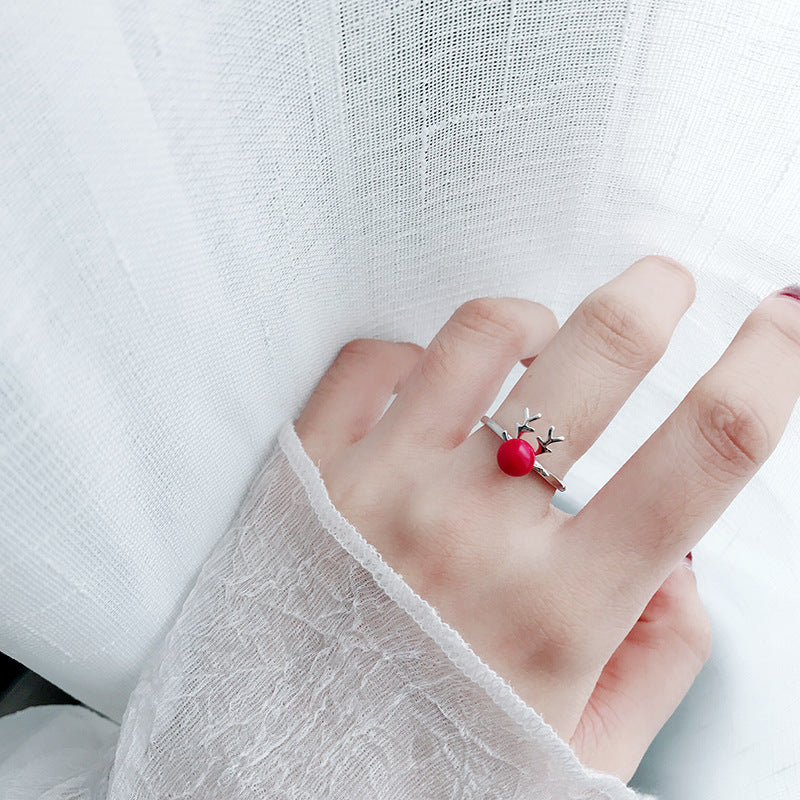 Womens Sterling Silver Ring With Red Pearl Elk Zodiac Christmas Ring Holiday Jewelry Gift For Her Classic Look