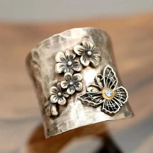 Womens Wide Ring Butterfly Flower Rhinestones Alloy