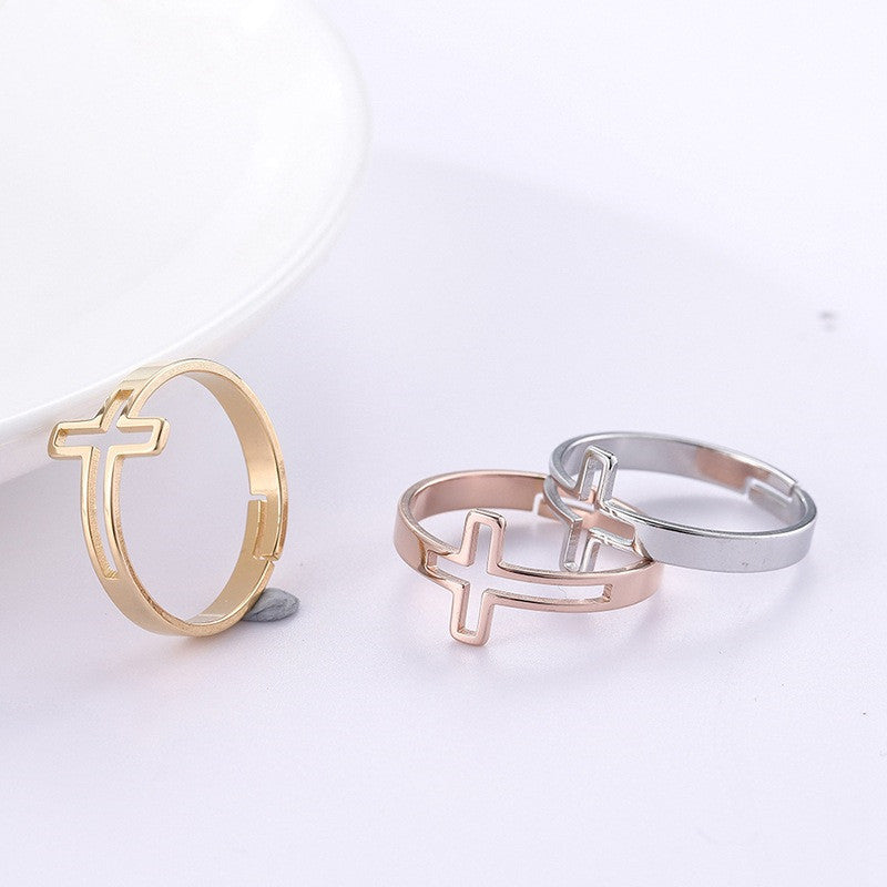 Womens Stainless Steel Cross Ring Adjustable Open Band Fashion Jewelry Gold White Rose Gold Colors Gift Birthday