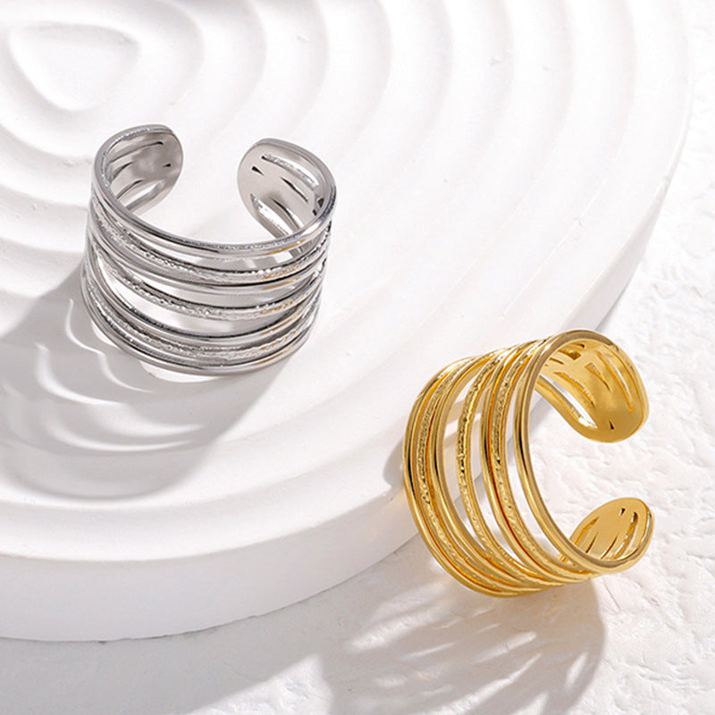 Unisex Stainless Steel Ring Adjustable Open Ring Geometric Design With Line Accents Electroplated Finish Steel