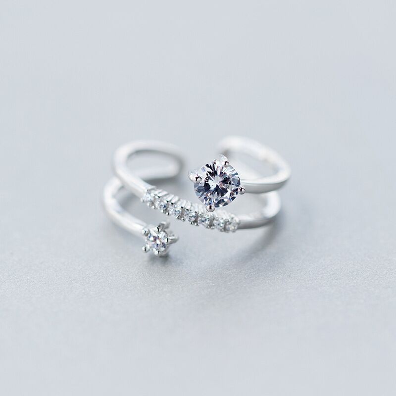 Womens Adjustable Copper Ring With Cubic Zirconia Geometric Design Three Layer Diamond Look White Gold Plated