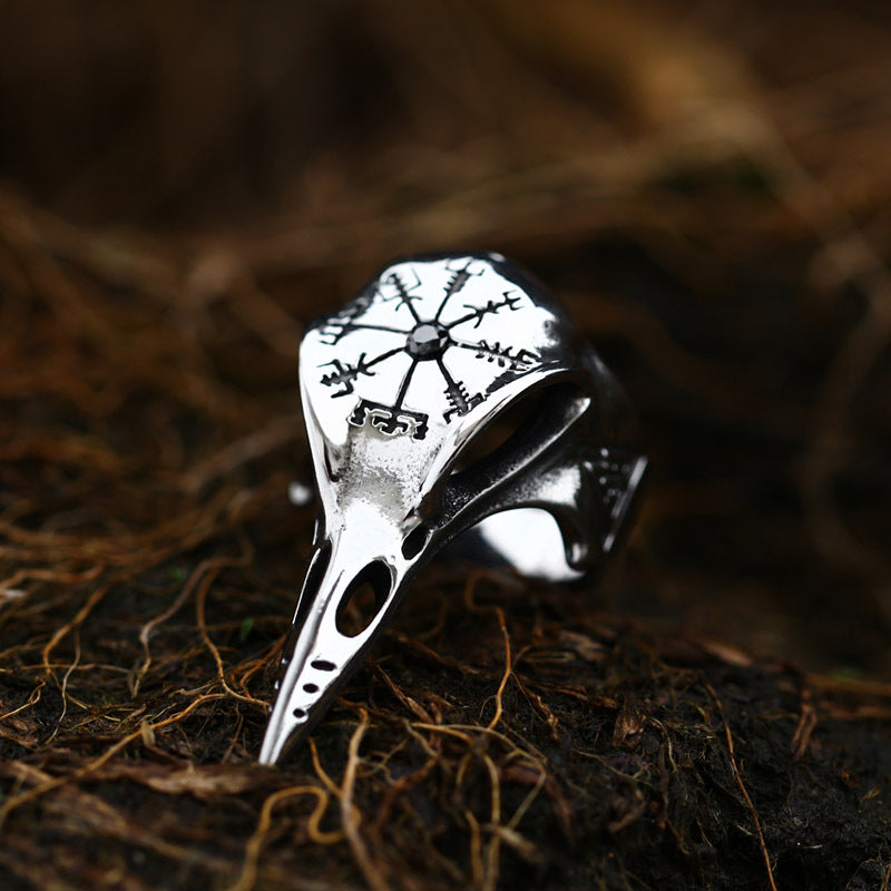 Men's Viking Crow Ring with Inlaid Jewel Vintage Compass Design Titanium Steel Animal Retro Ring for Him Fashion Jewelry Gift