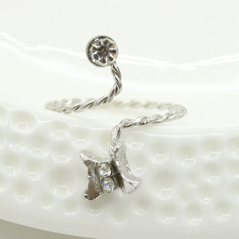 Womens Adjustable Ring With Rhinestone Starfish And Flower Design In Alloy Metal Gem Inlay For Elegant Wear Now