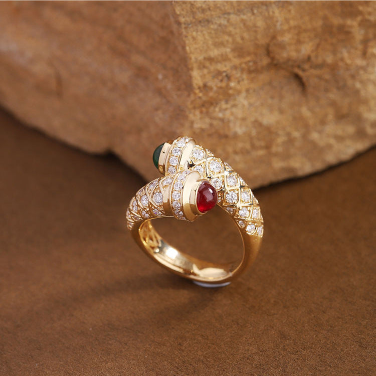 Gold Plated Diamond Micro Set Ring Geometric Antique Design With Red And Green Gemstones US Size Six For Women