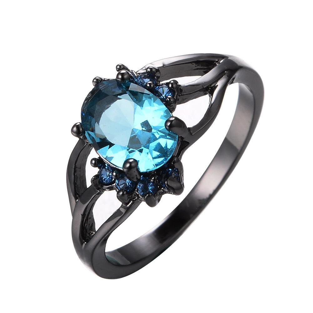 Oval Diamond Zircon Vintage Ring Gold Plated Copper Inlay Black Blue Gemstones Womens Timeless Sparkle Daywear