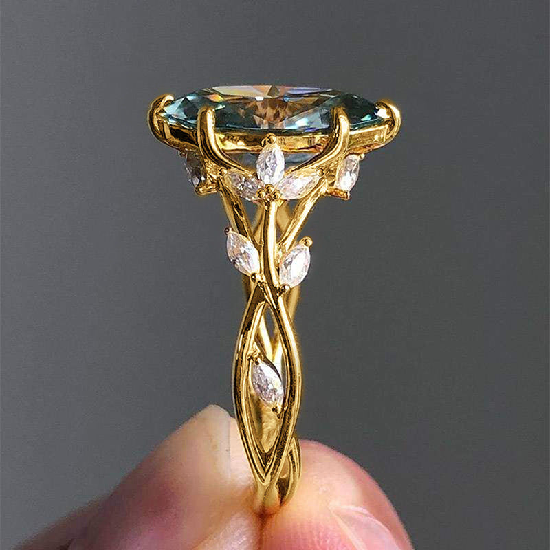 Zircon Ring Female Court Leaf Vine Design Inlaid Zircon Copper Band Leaves White Blue Red Green Purple Size Six