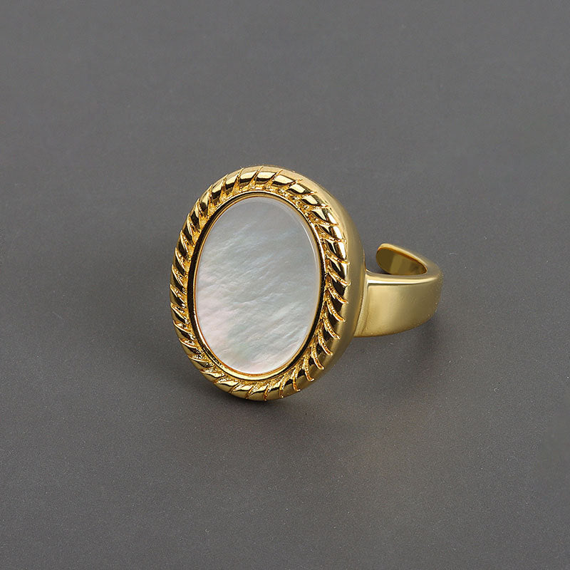 Adjustable Copper Ring With Oval White Shell Geometric Design In Platinum Gold Finish Minimal Style Gem 19.6mm