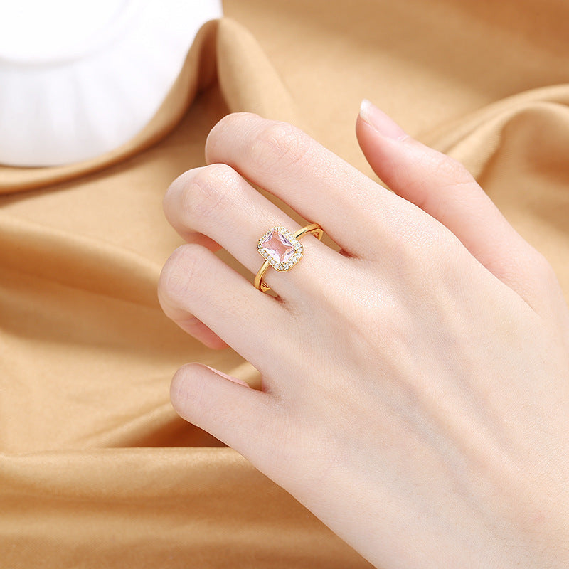 Geometric Octagonal Zircon Ring For Women Pink Copper Inlaid Jewelry Elegant Everyday Accessory Luxury Sparkle